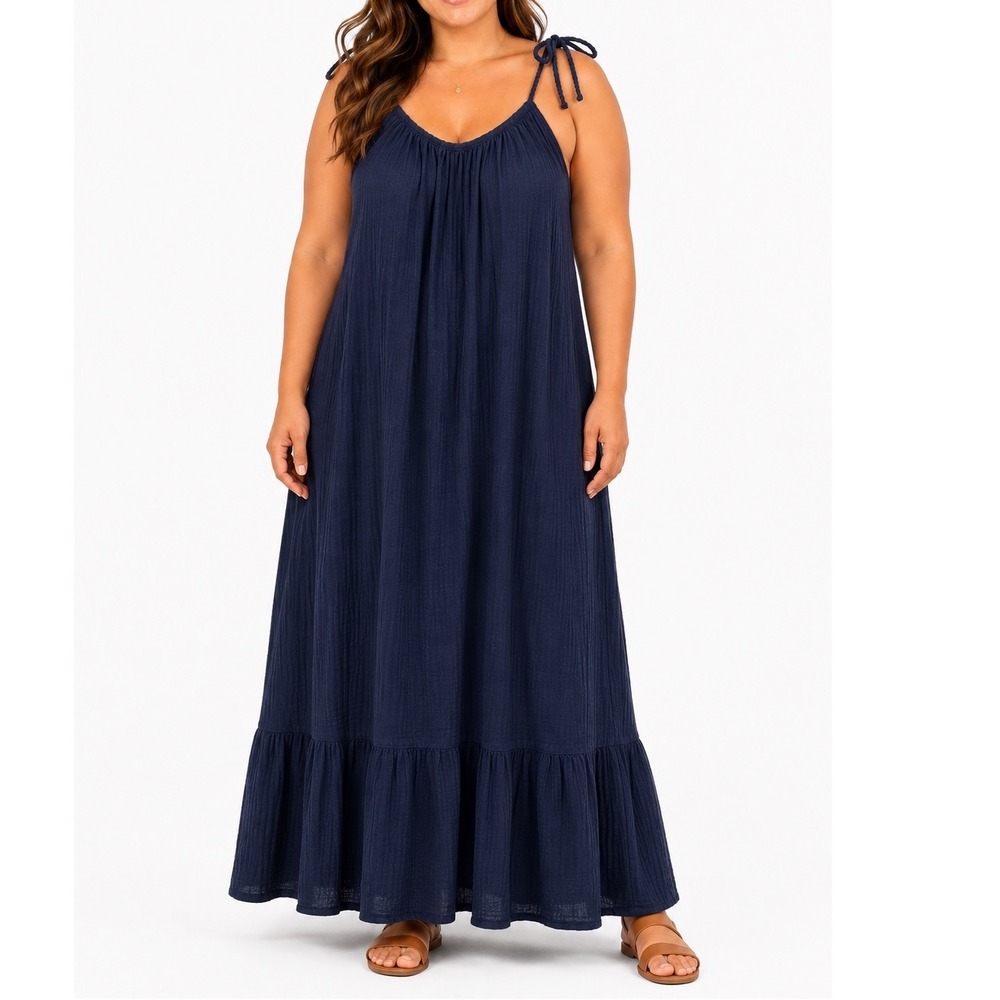 Time and Tru Navy Blue Gauze Maxi Dress XXL 20 Plus Size Tiered Ruffle Tie Strap